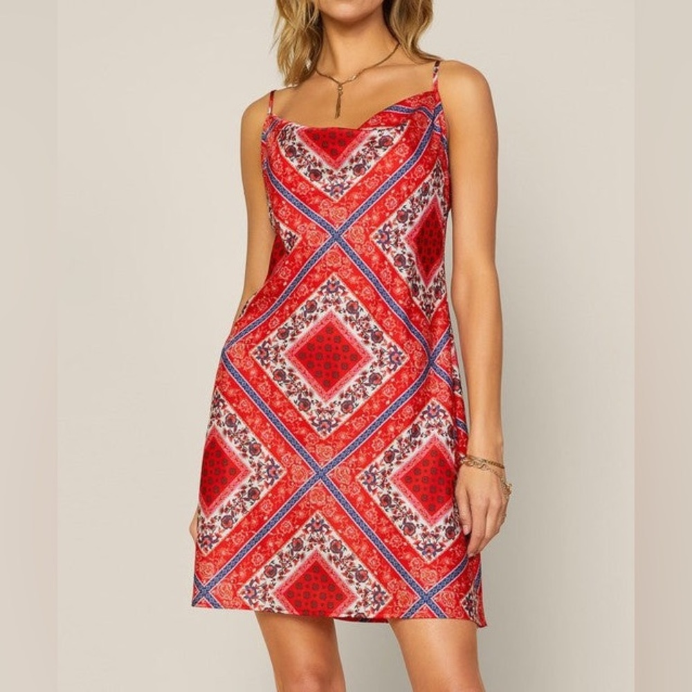 Skies Are Blue | Sleeveless Cowl Neck Satin Paisley Print Mini Dress NWT